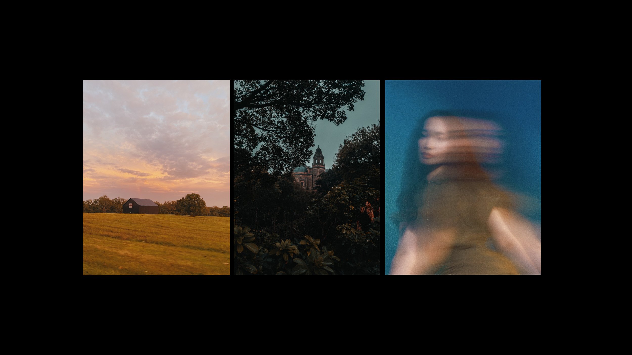 Three side-by-side photos: a rural field with a barn at sunset, a church tower amid trees at dusk, and a woman with long dark hair against a blue background, appearing blurred due to motion.