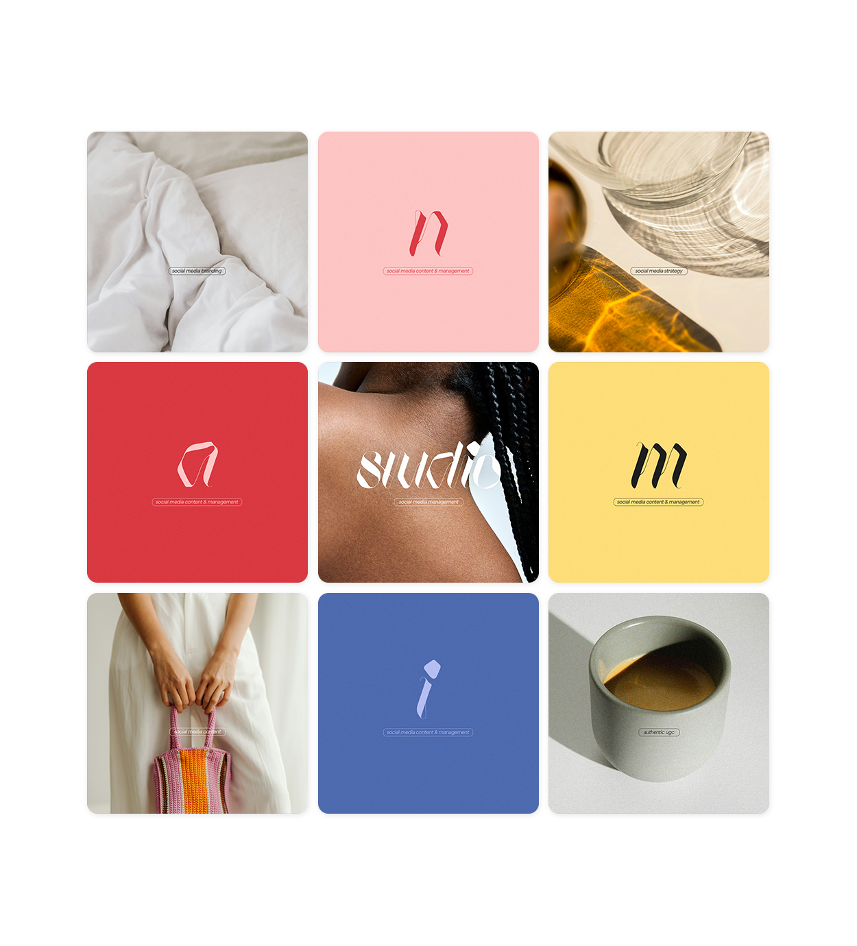 Collage of nine images showcasing different textures, colors, and objects including bed linens, color blocks with social media branding, a close-up of a person with braids, a woman holding a colorful bag, and a coffee cup.