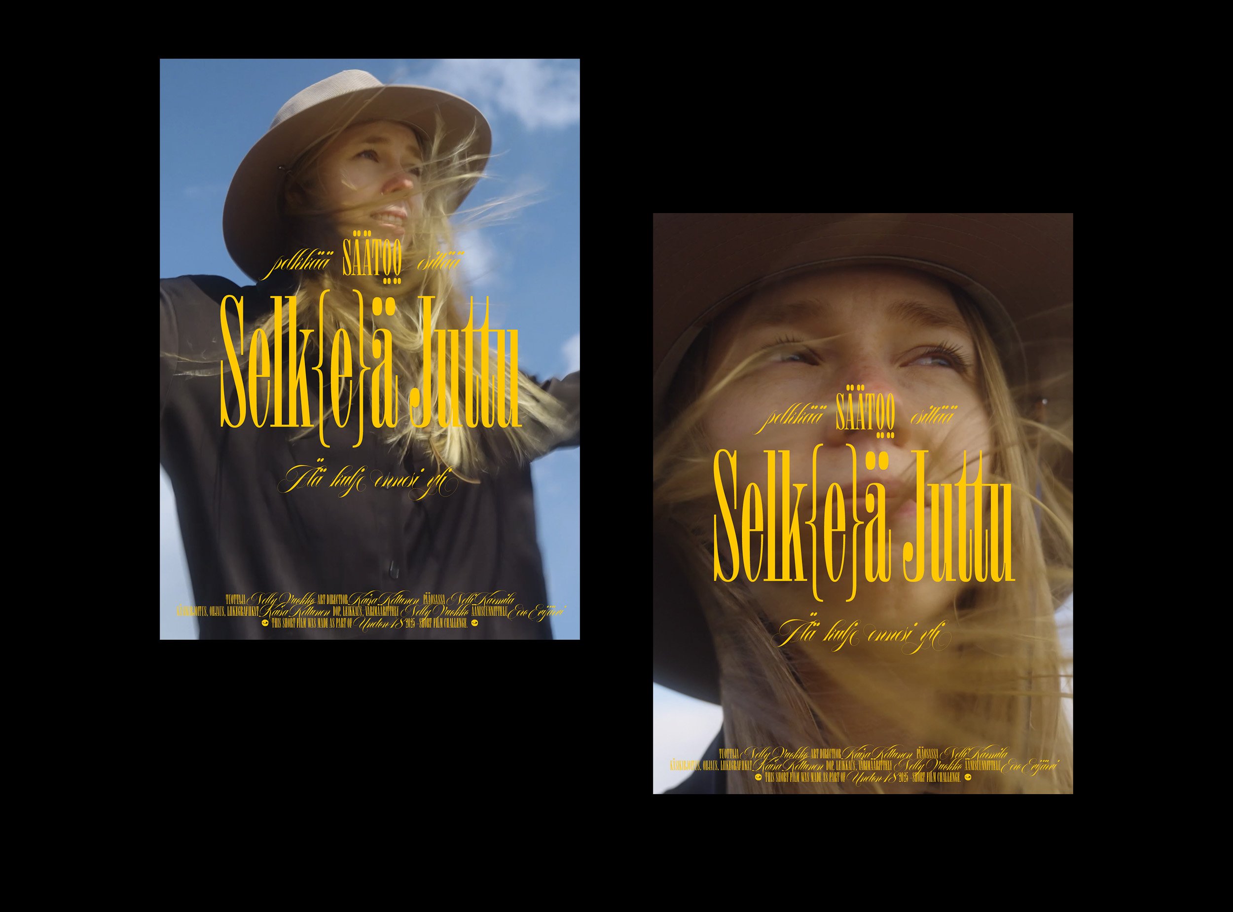 Two book covers featuring a young woman wearing a hat, with text in Finnish, on a black background.