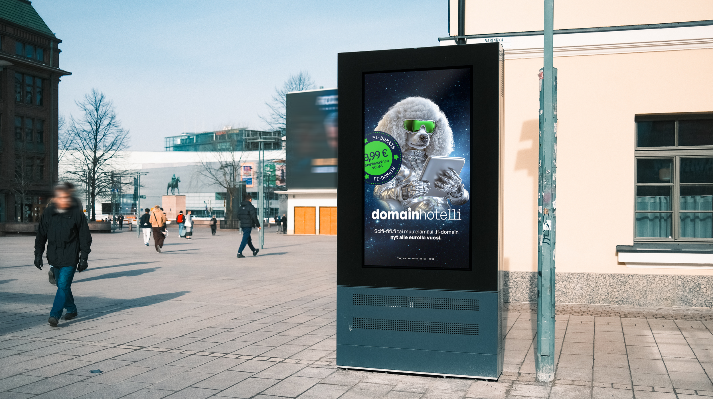 Digital billboard displaying an illustration of a poodle dog wearing sunglasses and a metallic suit, holding a tablet, with a sci-fi themed background. The billboard has Finnish text promoting a domain service.