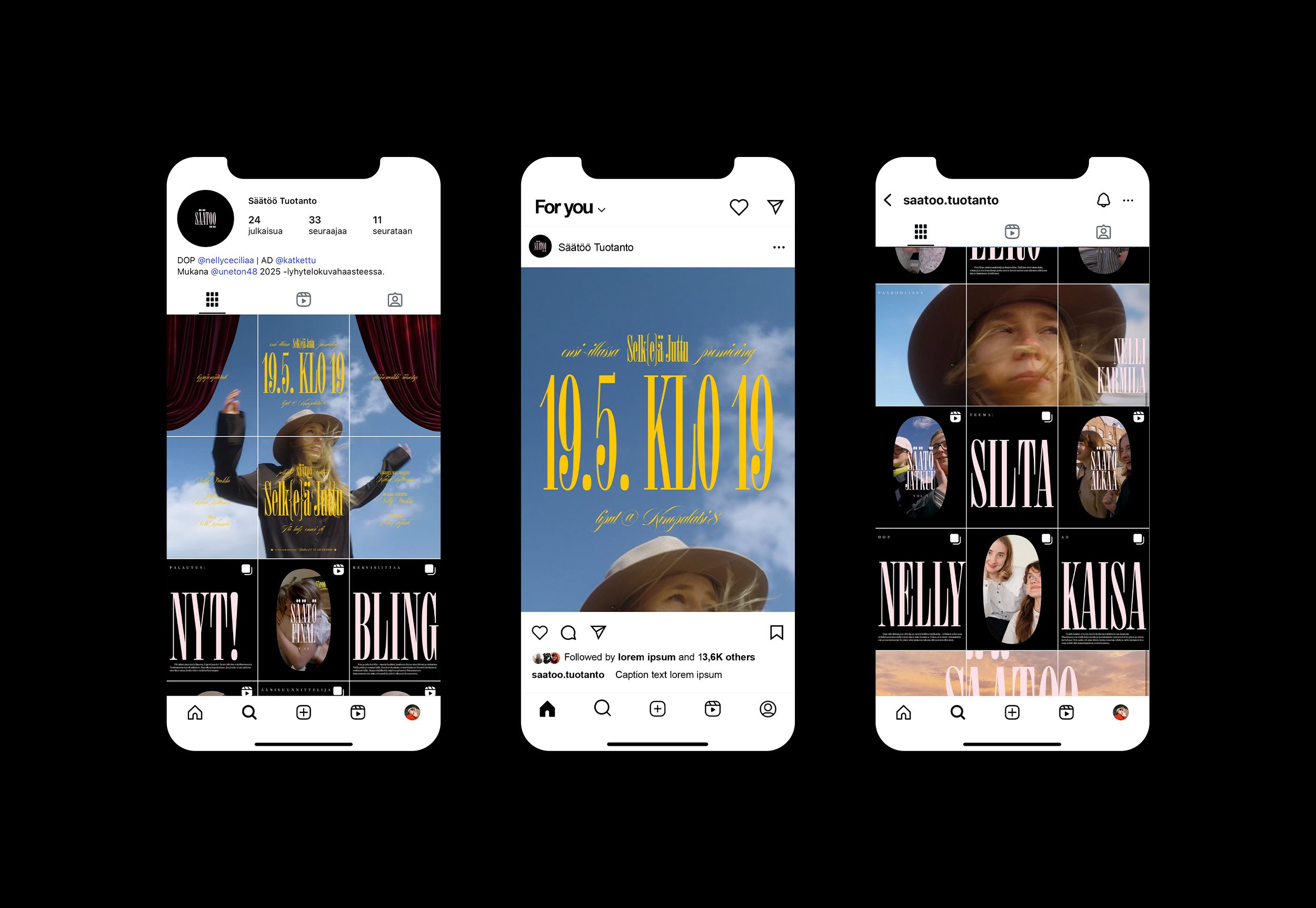 Three mockup Instagram screens showing a promotional event, with a woman wearing a hat and a blue sky background, including details and guest information.