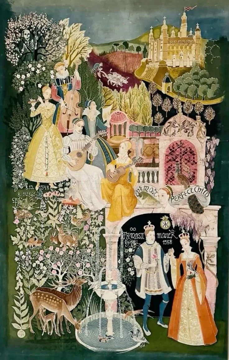 A detailed painting of a royal couple in historic attire standing in front of a garden fountain with wild animals, surrounded by musicians playing guitars. The background depicts a castle on a hill and a church, with lush trees and flowering bushes.
