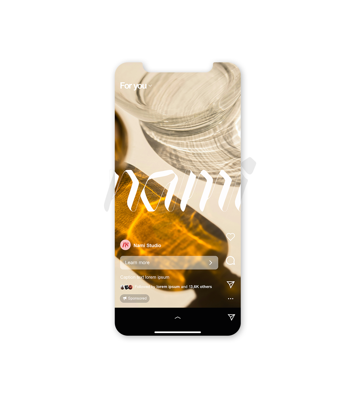 Smartphone displaying a social media post or app with abstract, artistic background of glass-like shapes and warm colors.