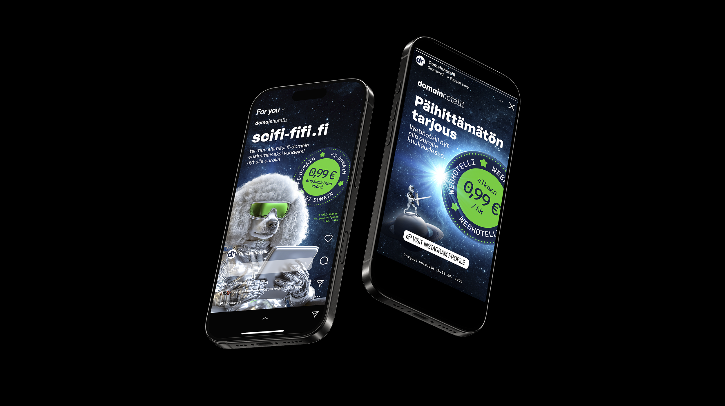 Two smartphones displaying advertisements for domain and hotel booking services with sci-fi themed graphics and Finnish text, set against a black background.