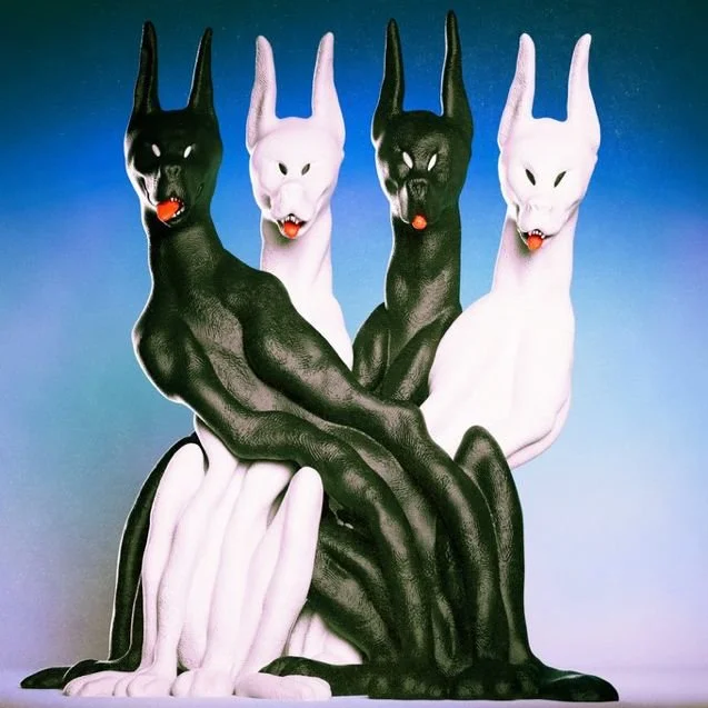 Four hybrid dog-human sculptures with elongated heads and black or white bodies, sitting against a gradient blue background.