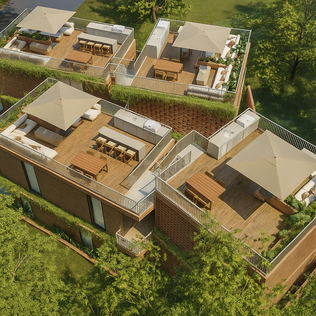 Aerial view of three rooftop terraces with outdoor seating, large umbrellas, wood decking, and surrounding greenery.