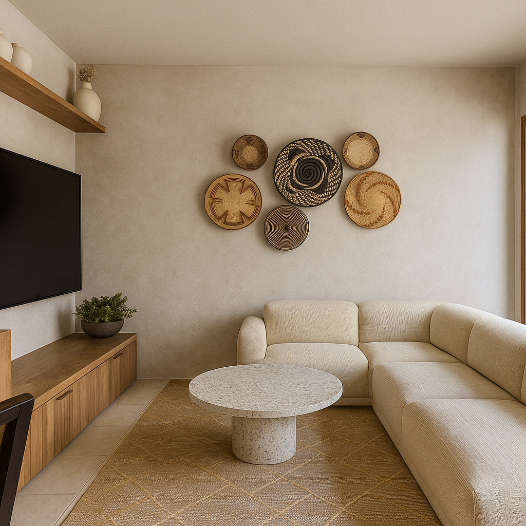 Living room with a white sectional sofa, a round stone coffee table, a wooden media console, a wall-mounted television, a potted plant, and decorative woven baskets on the wall.