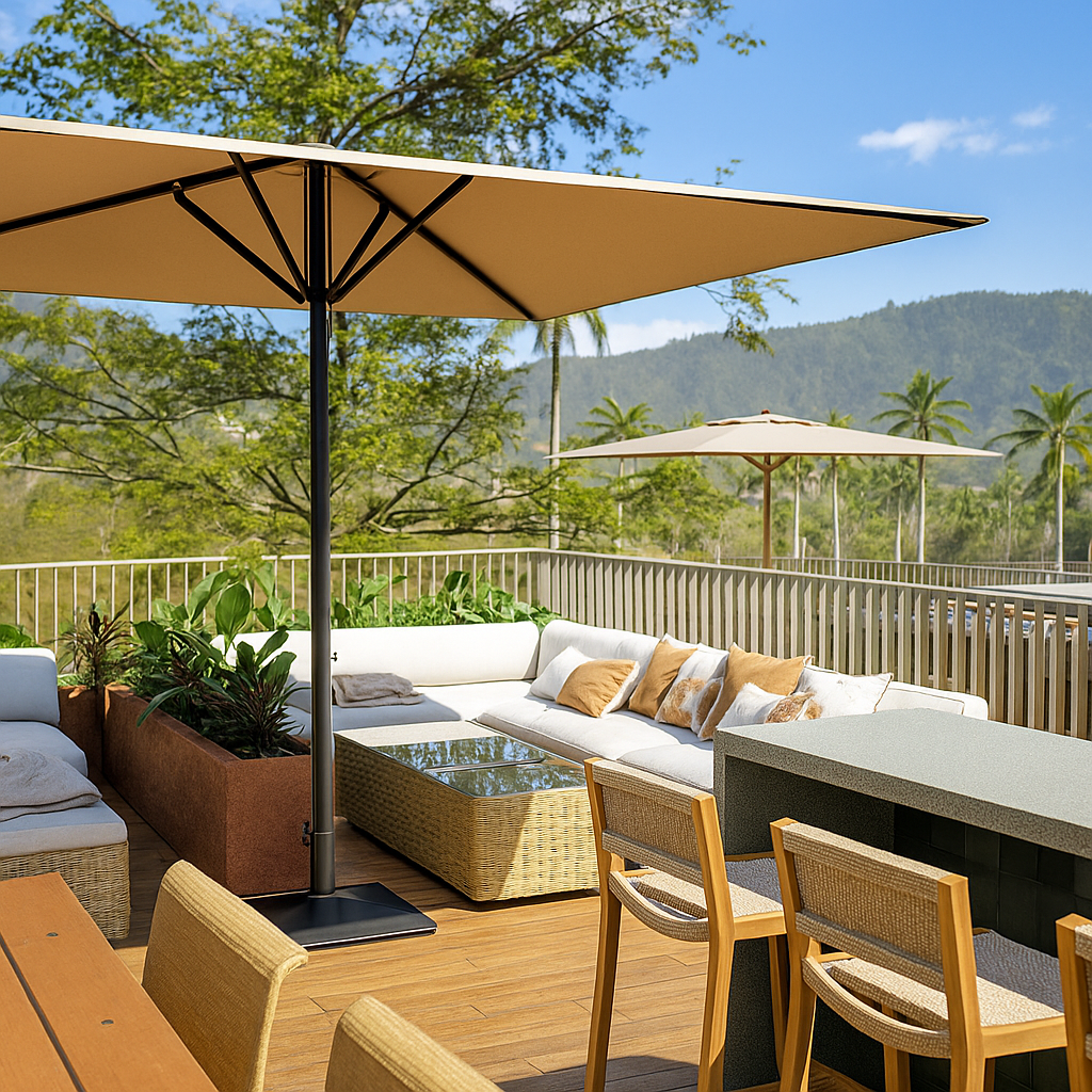 Outdoor rooftop patio with beige umbrellas, white sectional sofa with beige and white pillows, green plants, wooden chairs, and mountain and palm tree scenery in the background.