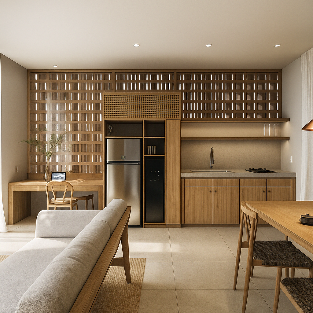 Open-concept kitchen and living room with wooden furniture, beige walls, and a sliding glass door with curtains.