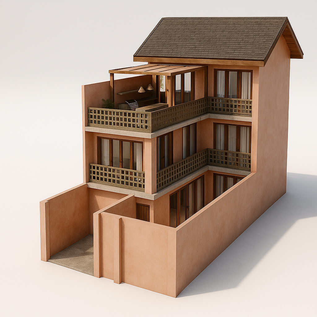 Three-story model of a modern townhouse with balconies, large windows, and a rooftop outdoor seating area.