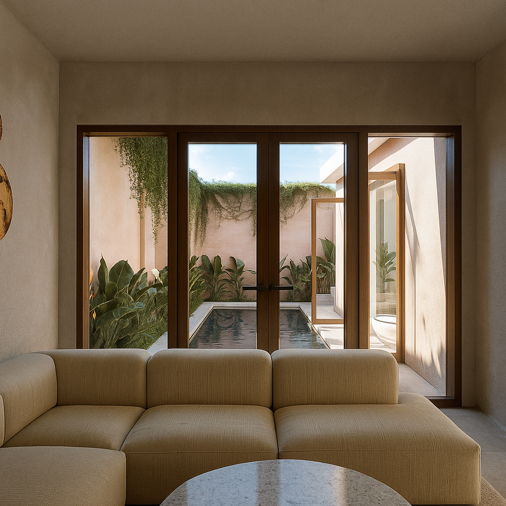 Living room with a beige sectional sofa facing large glass doors opening to a small courtyard with green plants and a pool.