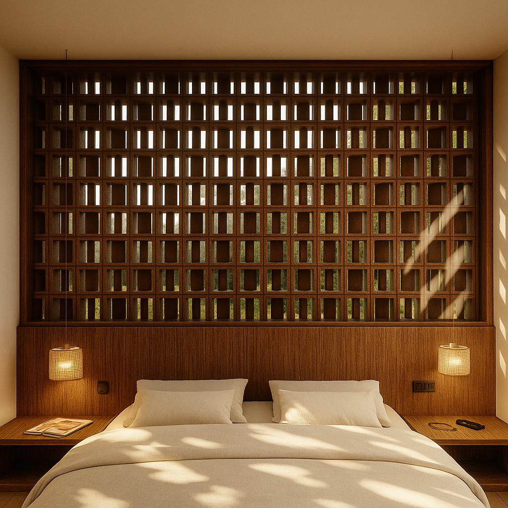 A modern bedroom with a wooden lattice headboard, two white pillows, and two hanging pendant lights on either side. Sunlight filters through the lattice, casting shadows.