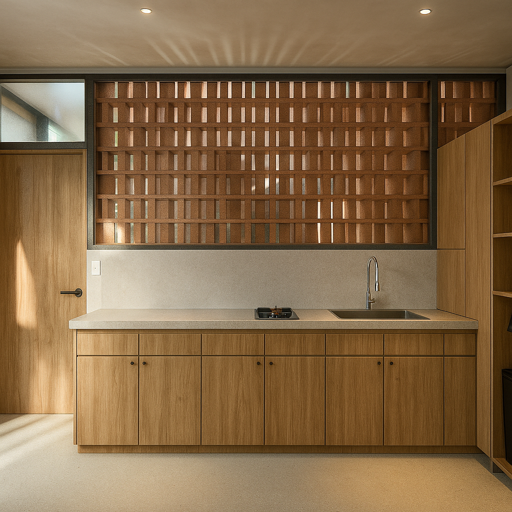 Modern kitchen with wooden cabinets, a beige countertop, a single-basin sink, a small stovetop, and a decorative wooden lattice window.