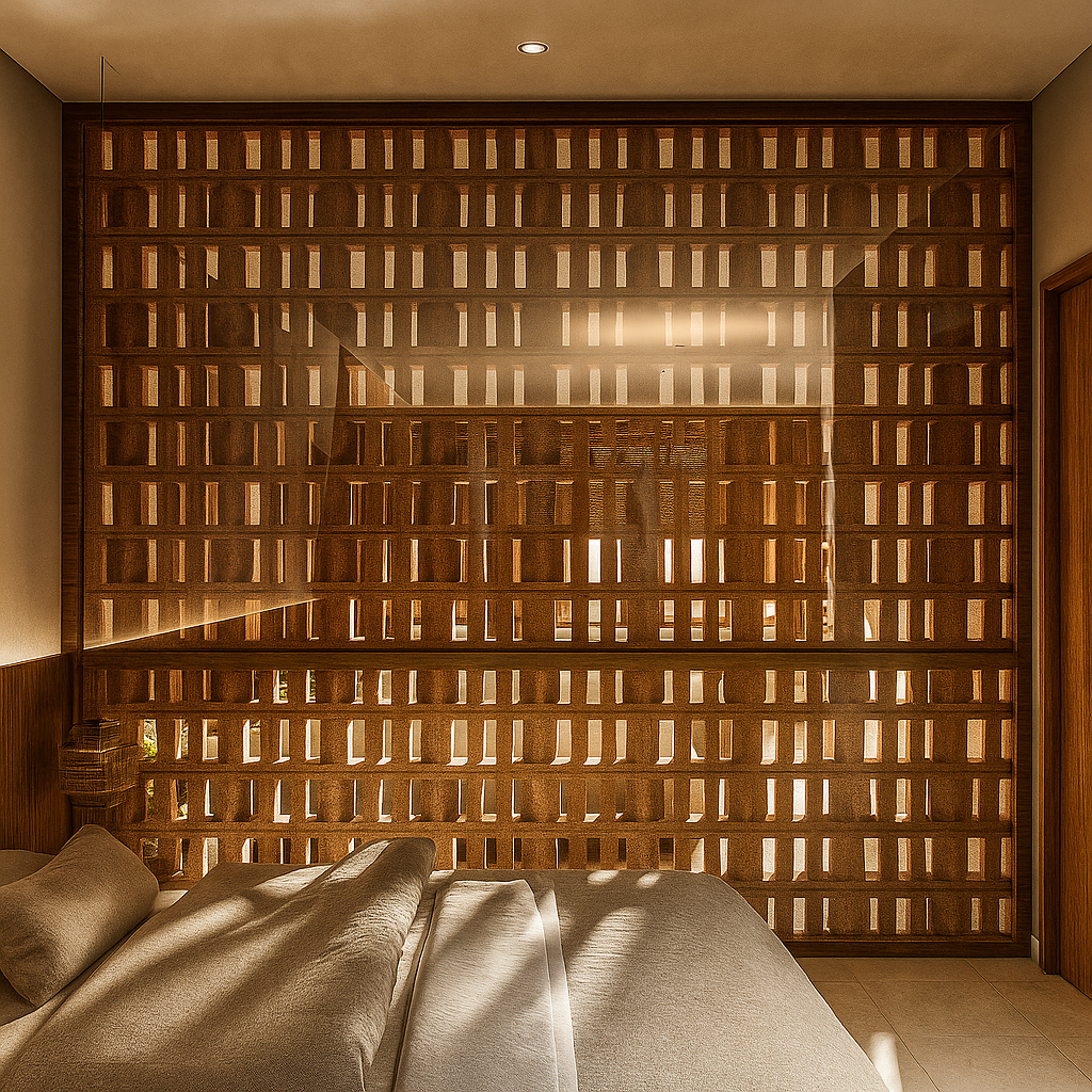 A bedroom with a wooden lattice room divider behind the bed, sunlight shining through the gaps, casting shadows on the bed.