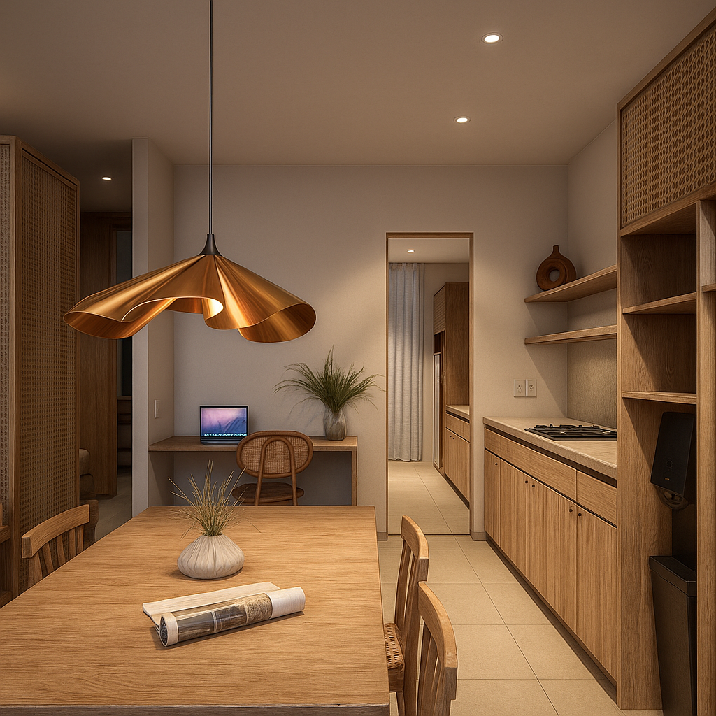 Modern dining room and kitchen with wooden furniture, a hanging copper light fixture, and minimalist decor.