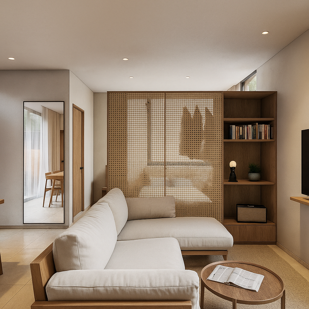 Modern living room with white sofa, wooden shelving unit with books, decorative lamp, and patterned room divider.