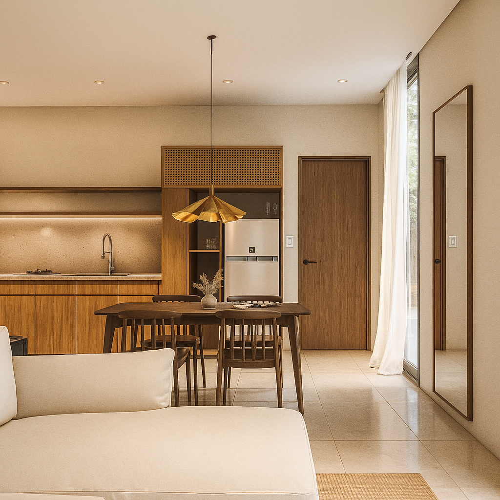 Modern open-plan kitchen and dining area with wooden furniture and beige decor.