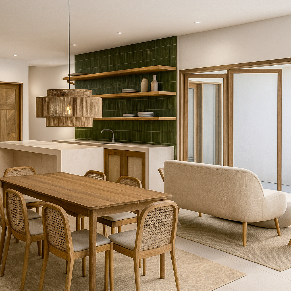 Modern living room and dining area with wooden furniture, green tile wall, and minimalist decor.