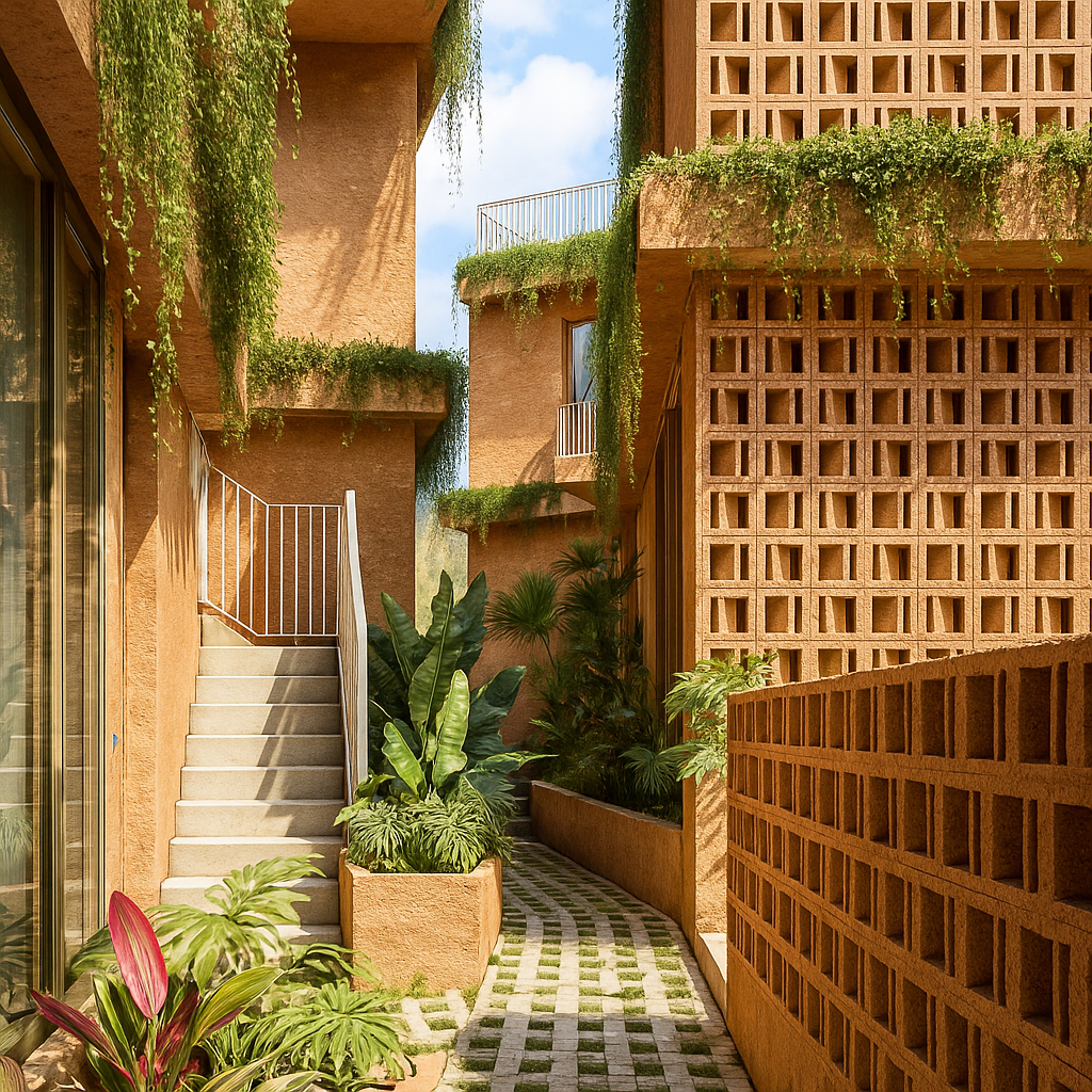 Outdoor walkway between terracotta-colored buildings with climbing green plants and lush potted tropical plants, white stairs with a metal railing, and a patterned stone path.