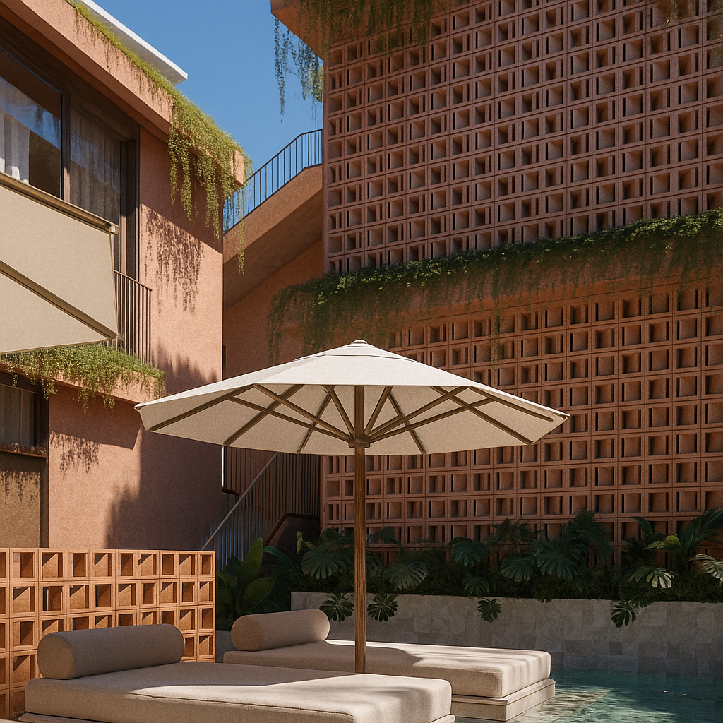 A modern courtyard with two lounge chairs and a large beige umbrella, surrounded by pinkish buildings with greenery and a small pool.