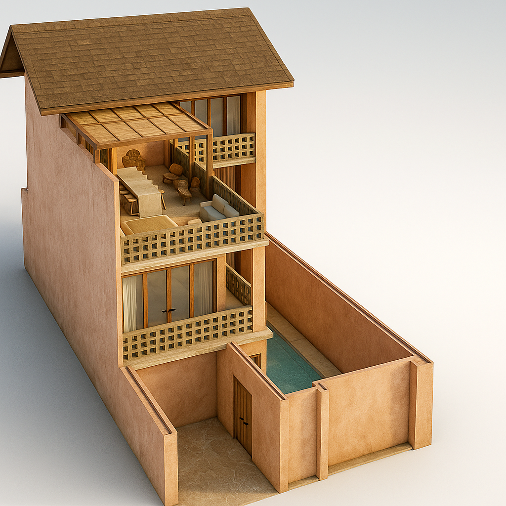 Model of a three-story house with balconies, a pool, and interior furniture, viewed from an angle showing the left side and the front.