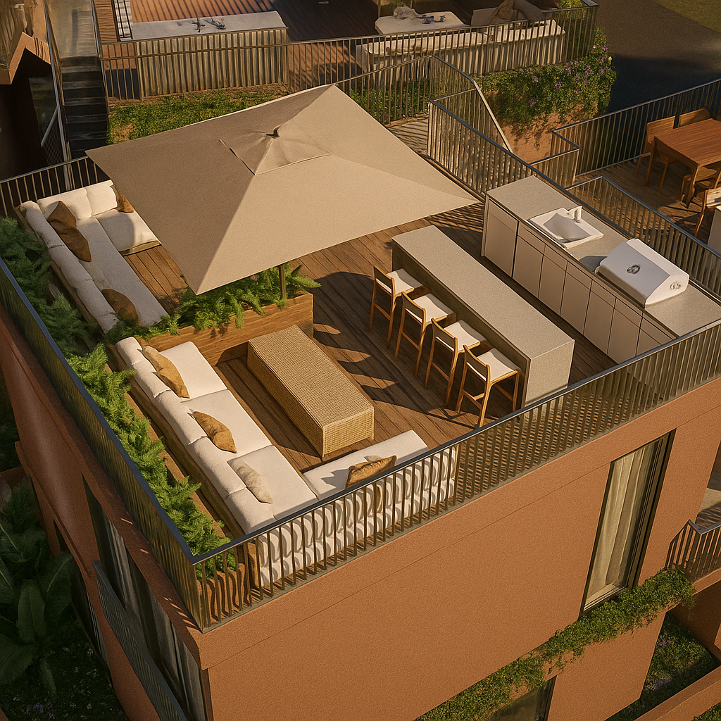 A rooftop patio with outdoor seating, a large beige umbrella, a bar area with chairs, and dining tables with chairs, surrounded by a metal railing and greenery.