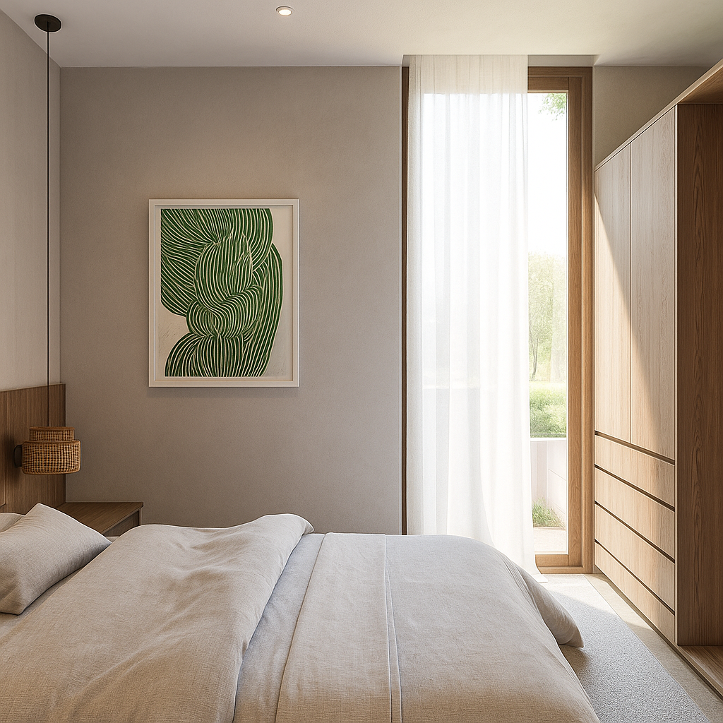 A bedroom with beige bedding, a wooden headboard with a small woven wall lamp, a framed green abstract art piece on the wall, a sliding glass door with sheer white curtains, and a wooden wardrobe.