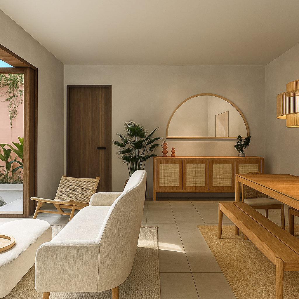 Living room with beige sofa, wooden dining table and benches, woven chairs, a sideboard with a mirror, and potted plants, illuminated by warm lighting.