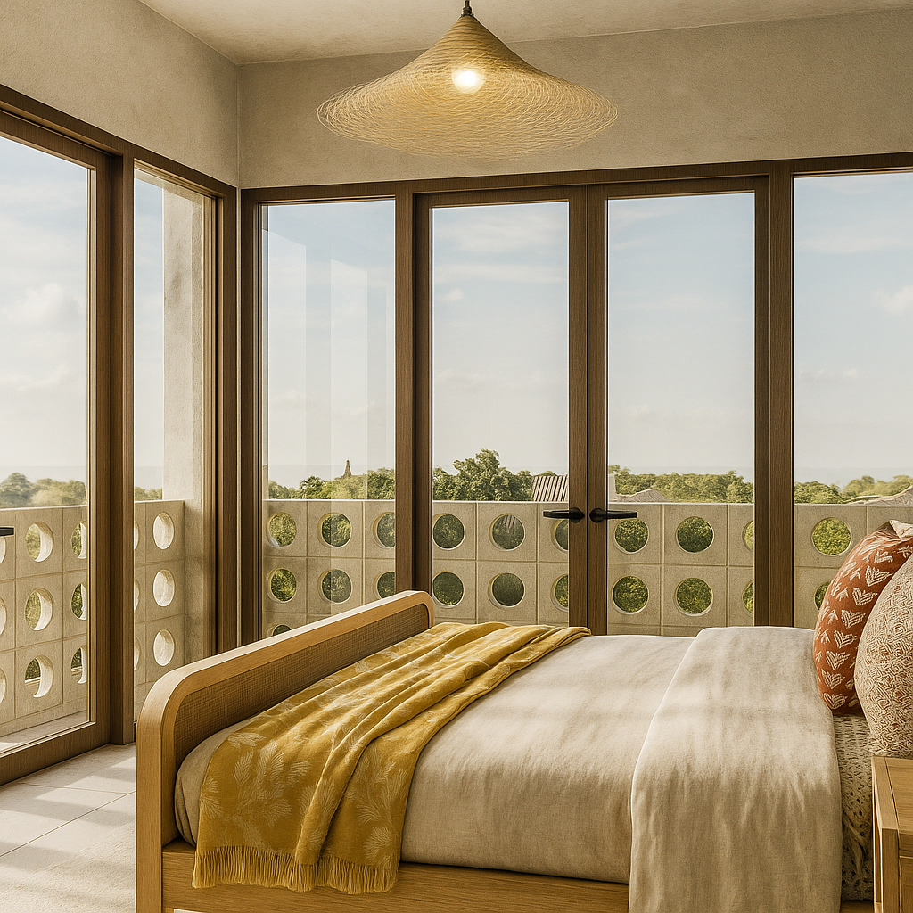A bedroom with a wooden bed, yellow blanket, and patterned pillows, large glass doors on three sides showing a balcony and views of trees and a cloudy sky.