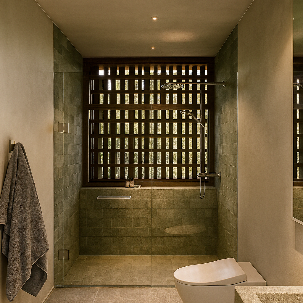 Modern bathroom with glass shower enclosure, window with wooden lattice, toilet, gray towel hanging on wall.