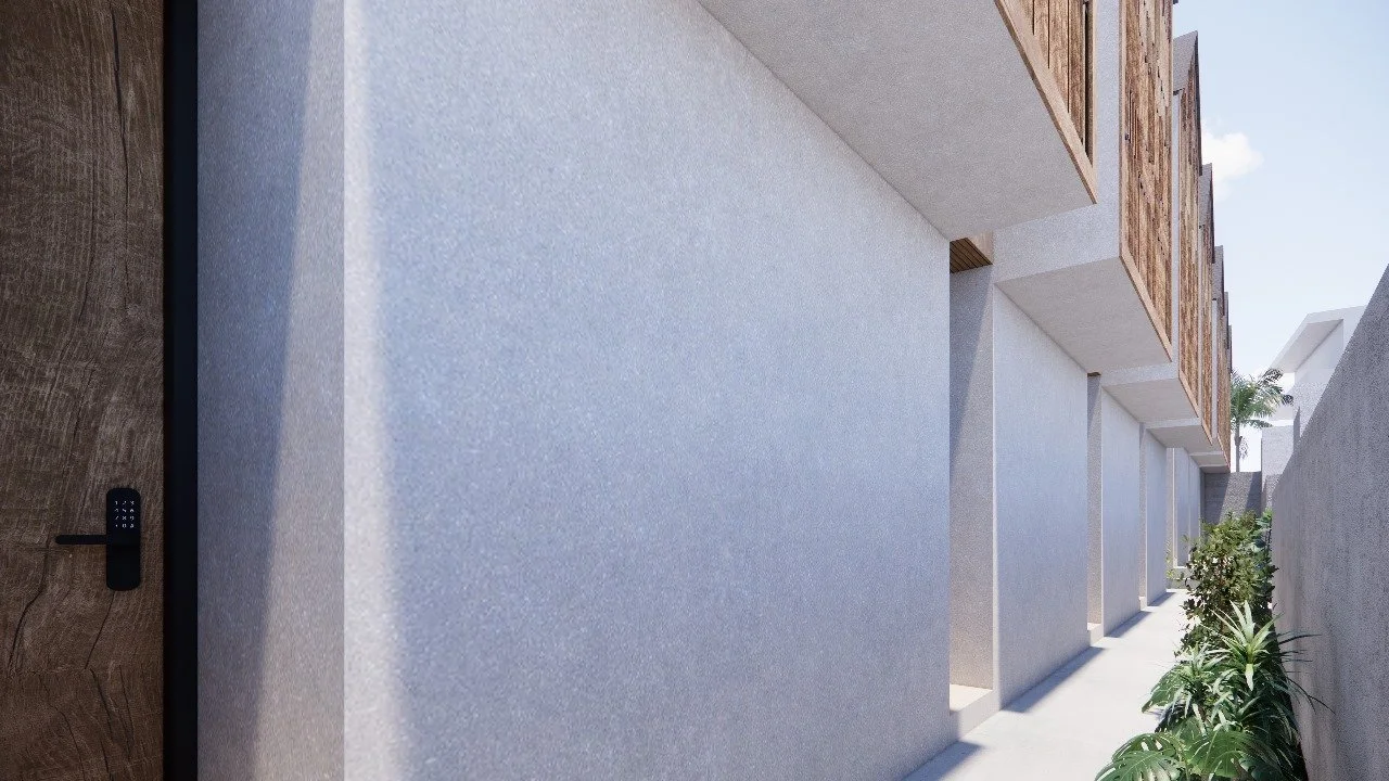 A modern outdoor alleyway with gray concrete walls, wooden upper balconies, and green plants on the right side.