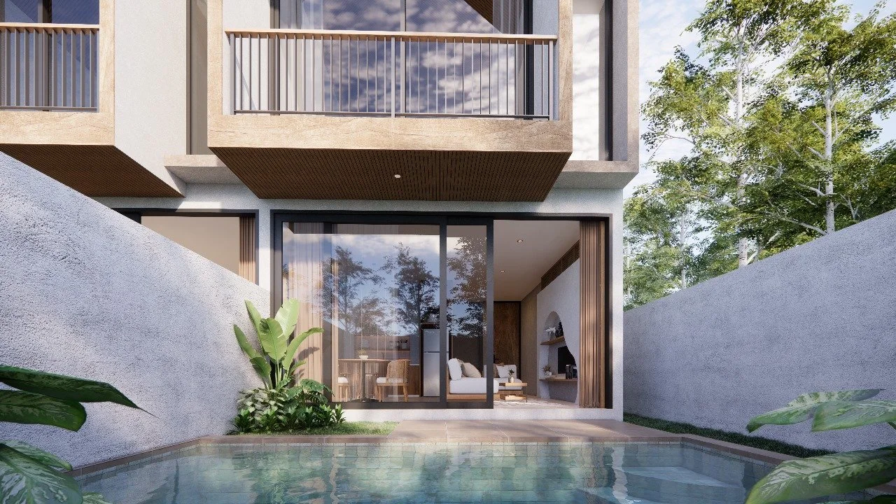 Modern residential building with a pool, glass sliding doors, and outdoor greenery.