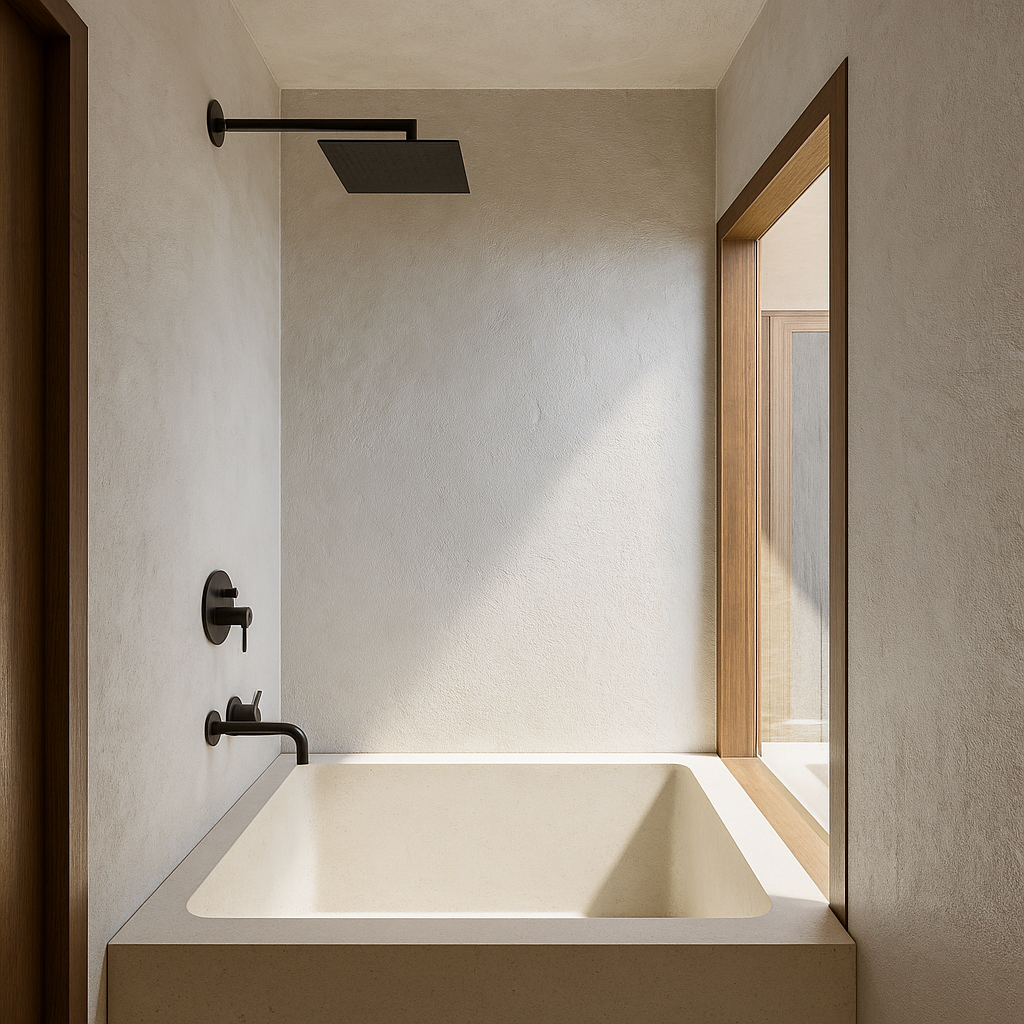 Modern bathroom with a built-in bathtub, black showerhead, and faucet, and a large window with wooden trim.