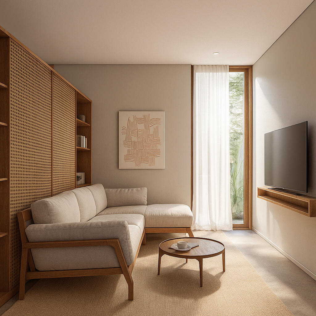 Living room with beige sectional sofa, wooden bookshelf, round wooden coffee table, large window with sheer curtains, and flat-screen TV on wall