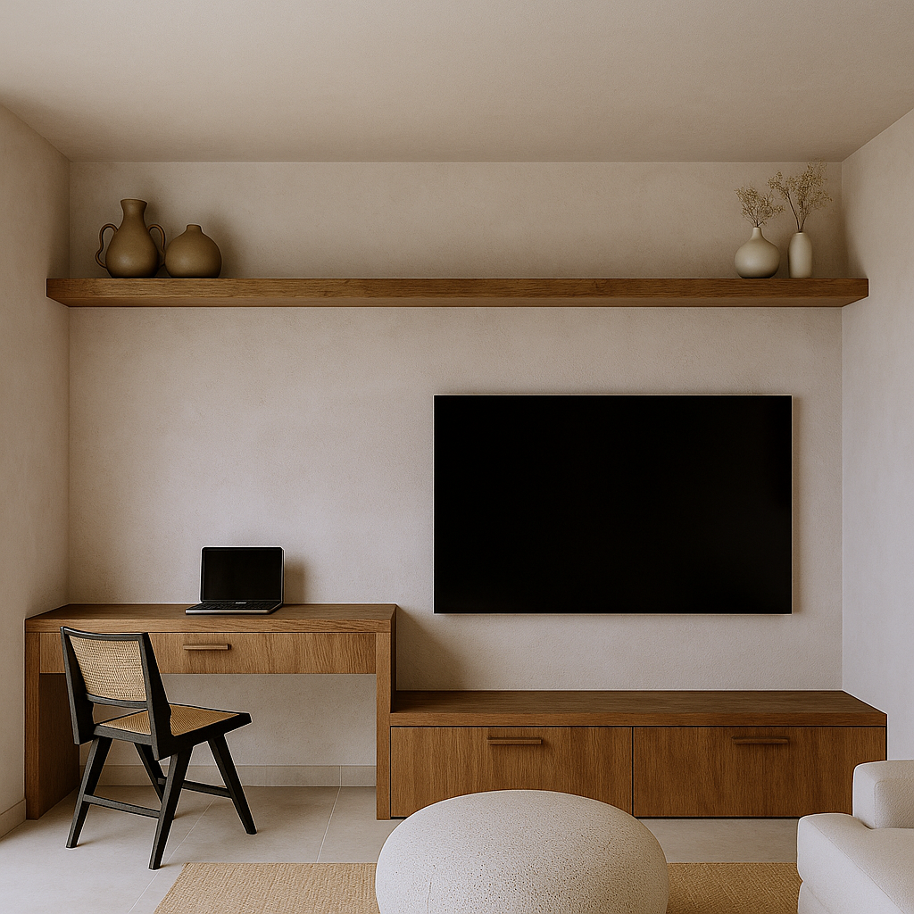 Modern living room with a wall-mounted flat-screen TV, wooden desk with a laptop, beige armchair, and a low wooden cabinet. Decorative vases are on a wooden shelf above.