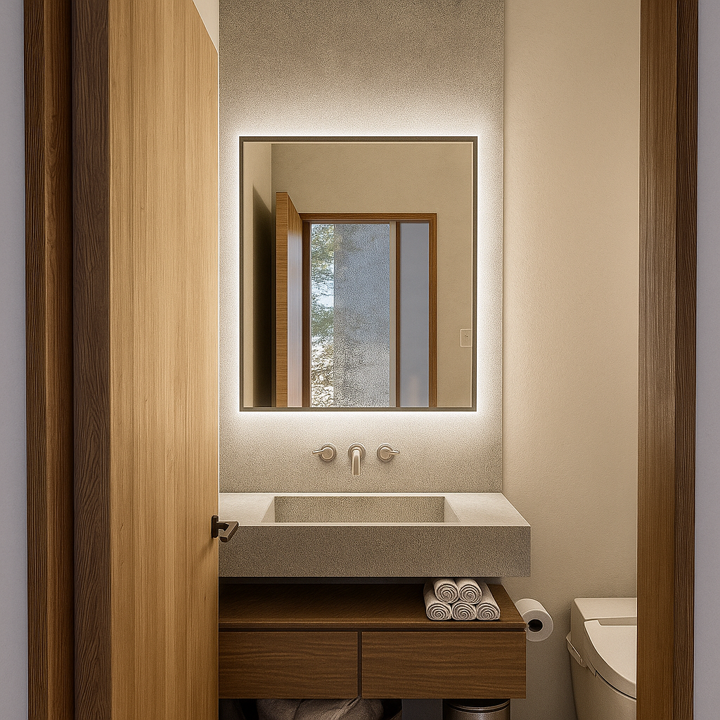 Modern bathroom with a square sink, a mirror with backlit LED lighting, rolled towels, a toilet, and wooden accents.