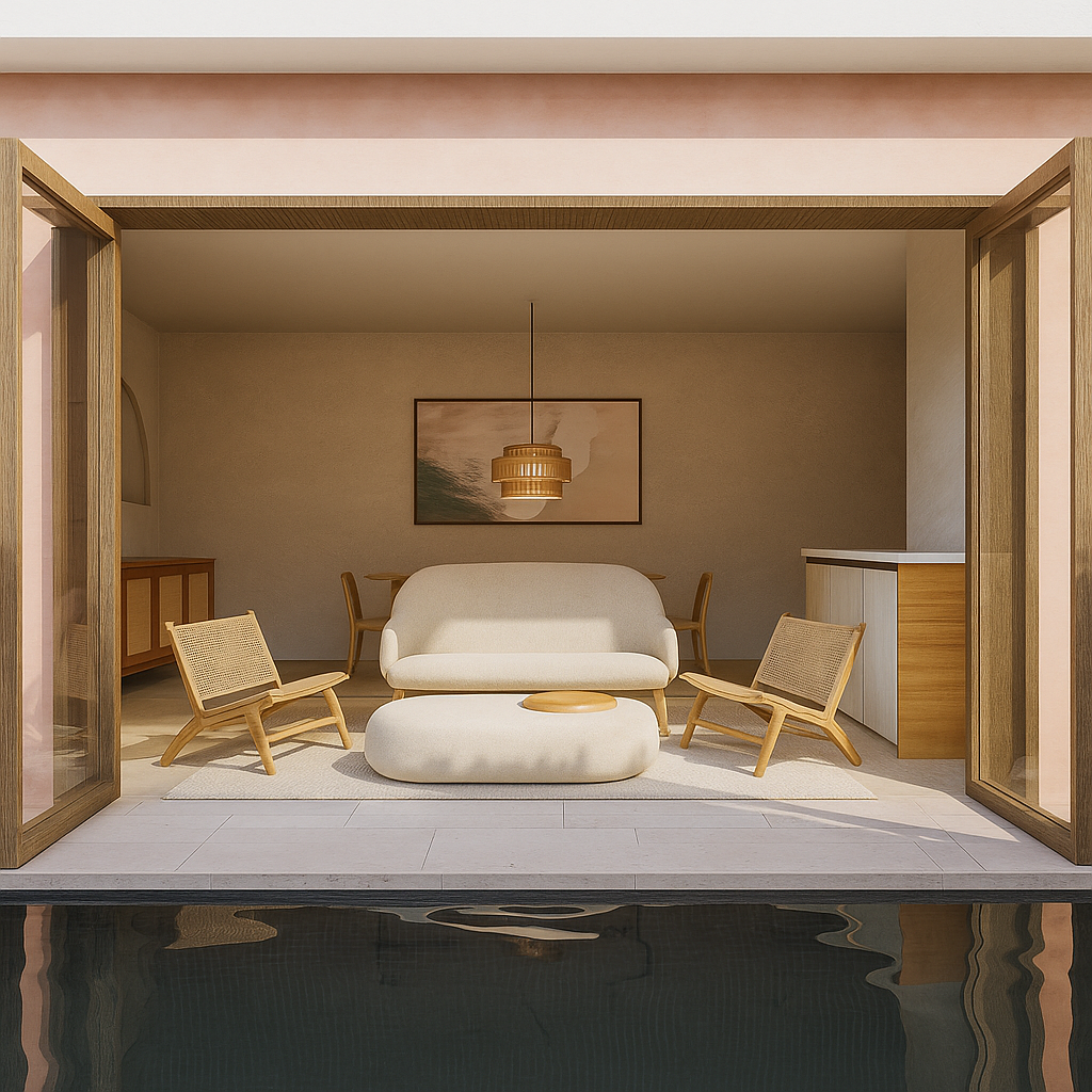 Modern indoor living room with beige sofa, two wooden chairs, and a pool in the foreground, decorated with minimalist art and warm lighting.
