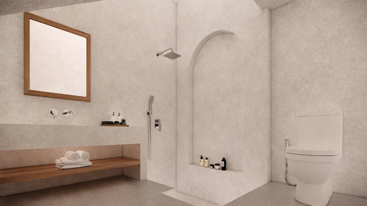 Minimalist bathroom with a wooden-framed mirror, a wooden bench holding rolled towels, a shower with a rainhead and handheld showerhead, a small corner shelf with toiletries, and a modern toilet.