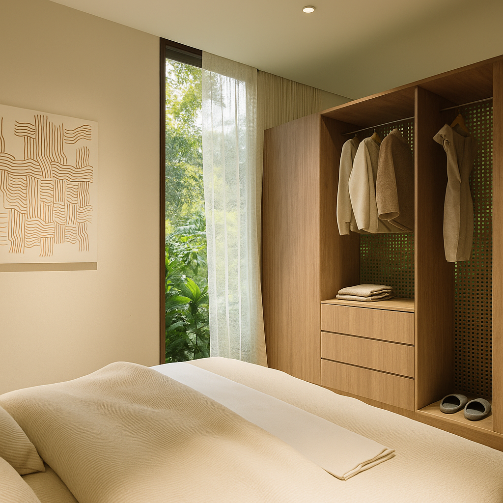 A bedroom with a bed, a window with sheer curtains showing greenery outside, and a wooden closet with hanging clothes and folded towels.