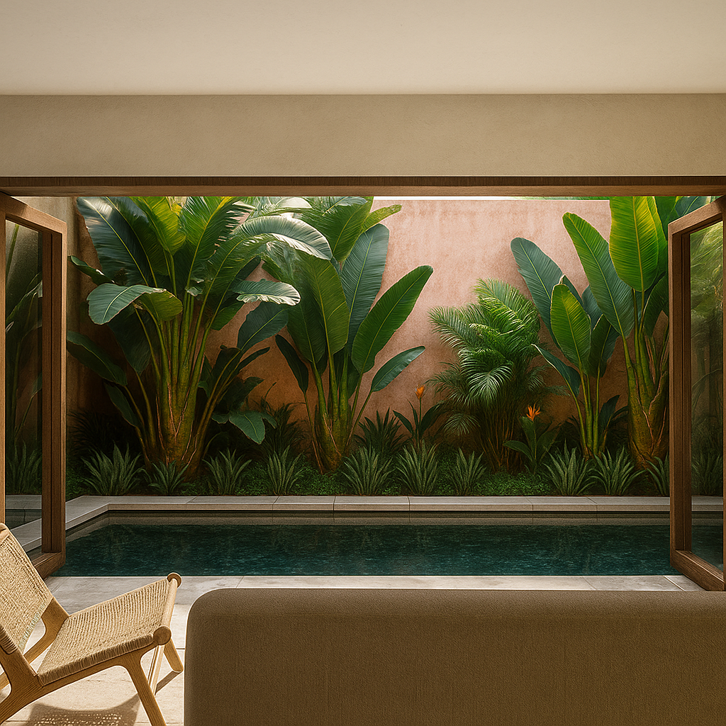 Indoor swimming pool area with large tropical plants behind glass doors, beige walls, and a chair in the foreground.