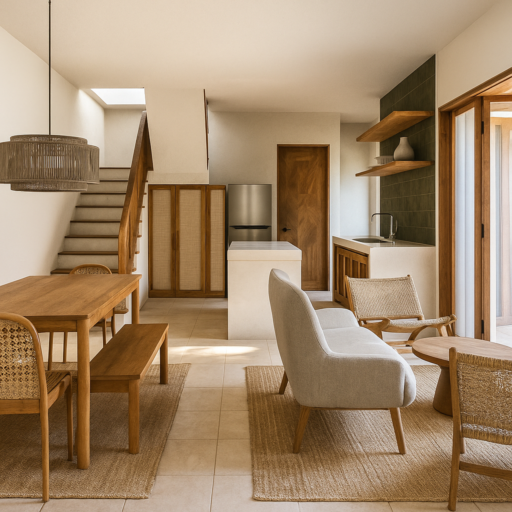 Open-concept living and dining area with wooden furniture, beige sofa, woven chairs, and a small kitchenette with open shelves, a sink, and a refrigerator. Large sliding glass door leads to an outdoor space, and a staircase is visible on the left sid