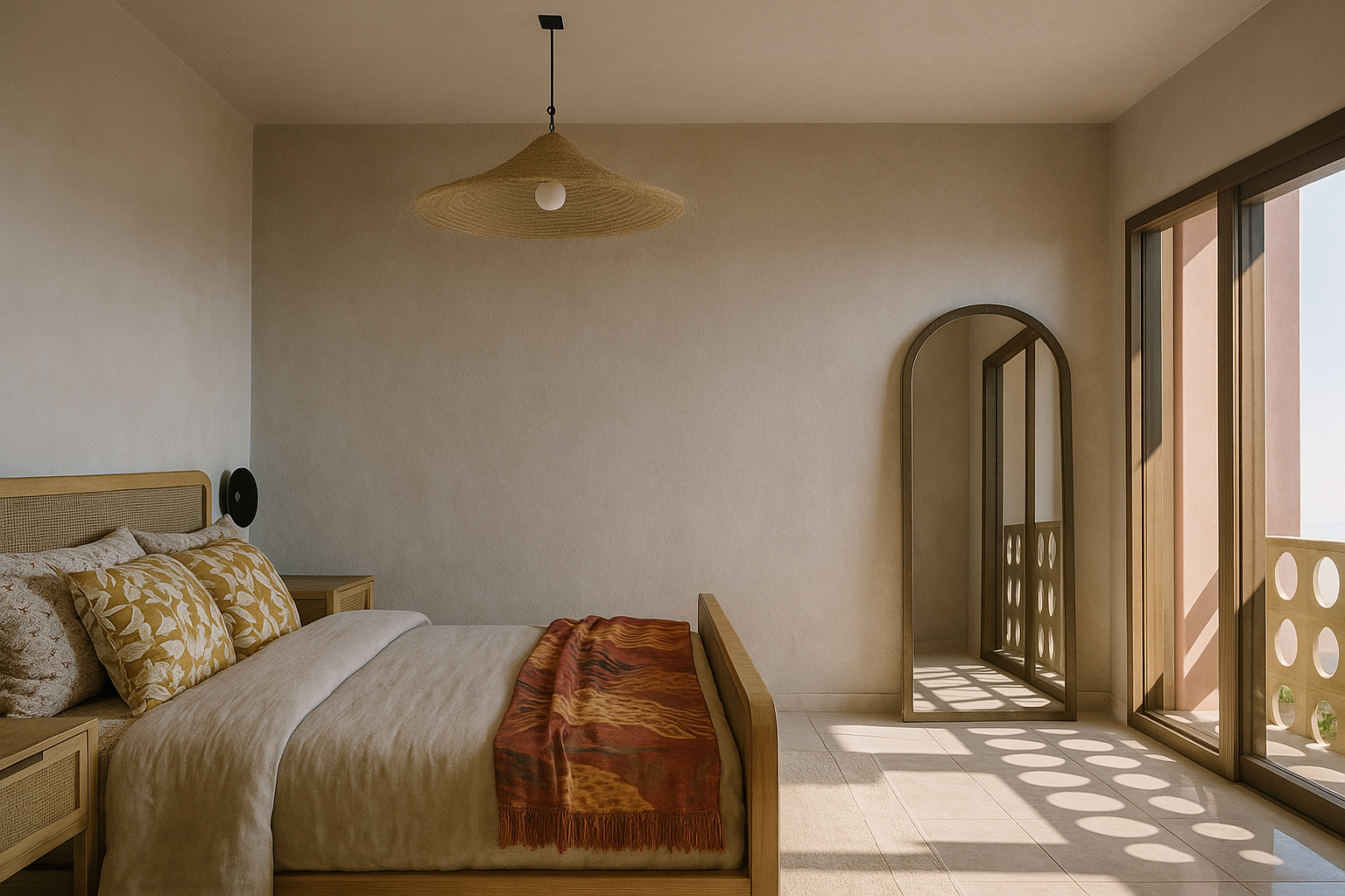 Sunlit bedroom with a wooden bed, leopard print pillows, a bedspread, a blanket, a tall mirror, and large windows with a patterned balcony railing.