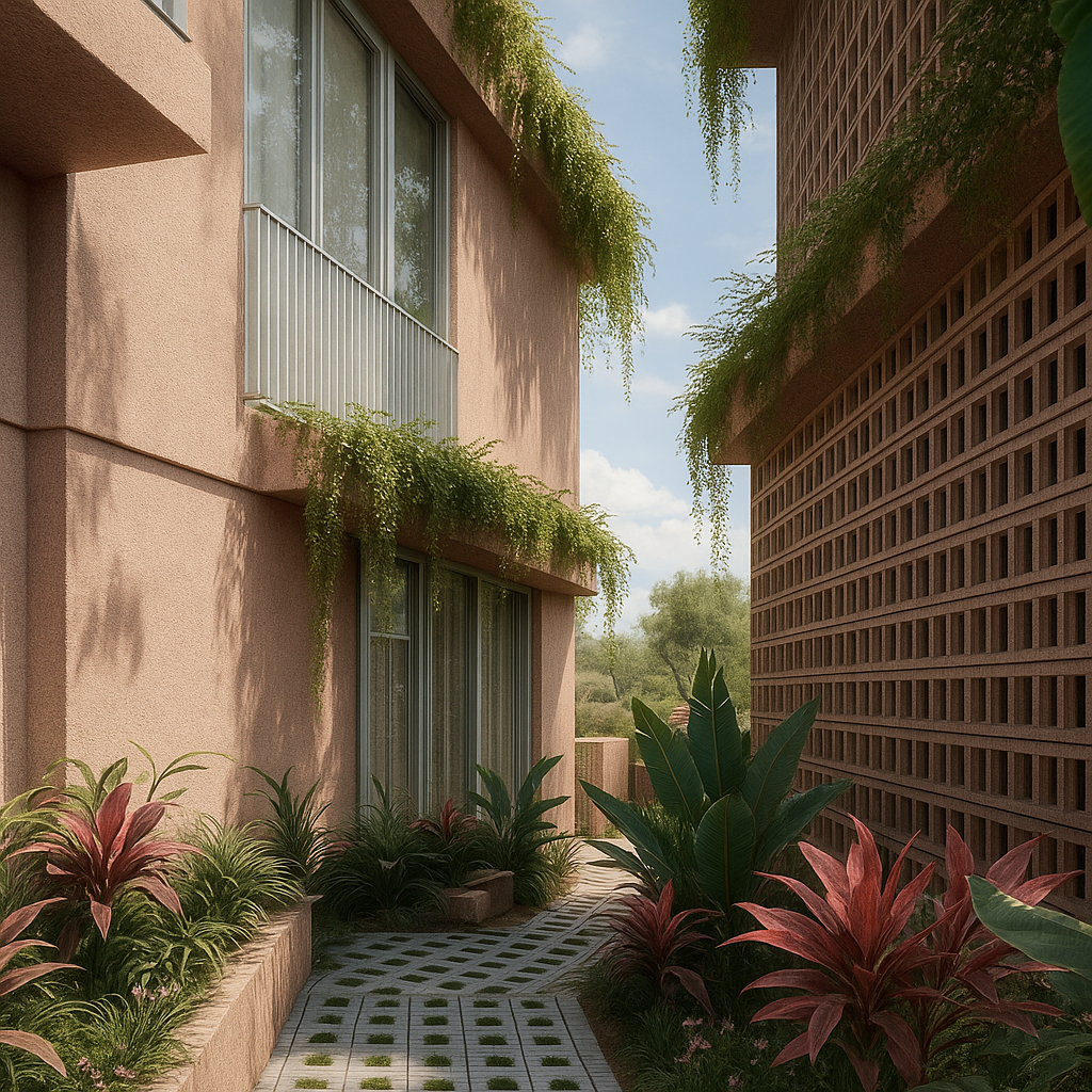 A narrow outdoor walkway between a pink stucco building with balconies and a brick wall, decorated with lush green and red plants, with hanging greenery and trees in a sunny landscape.