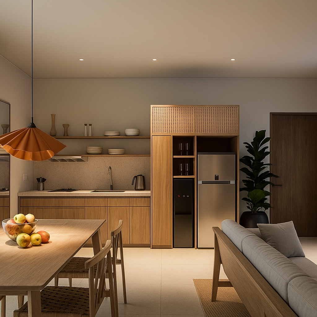 Modern open-plan kitchen and dining area with wooden cabinets, a refrigerator, a dining table with apples, and a living space with a sofa and a large plant.