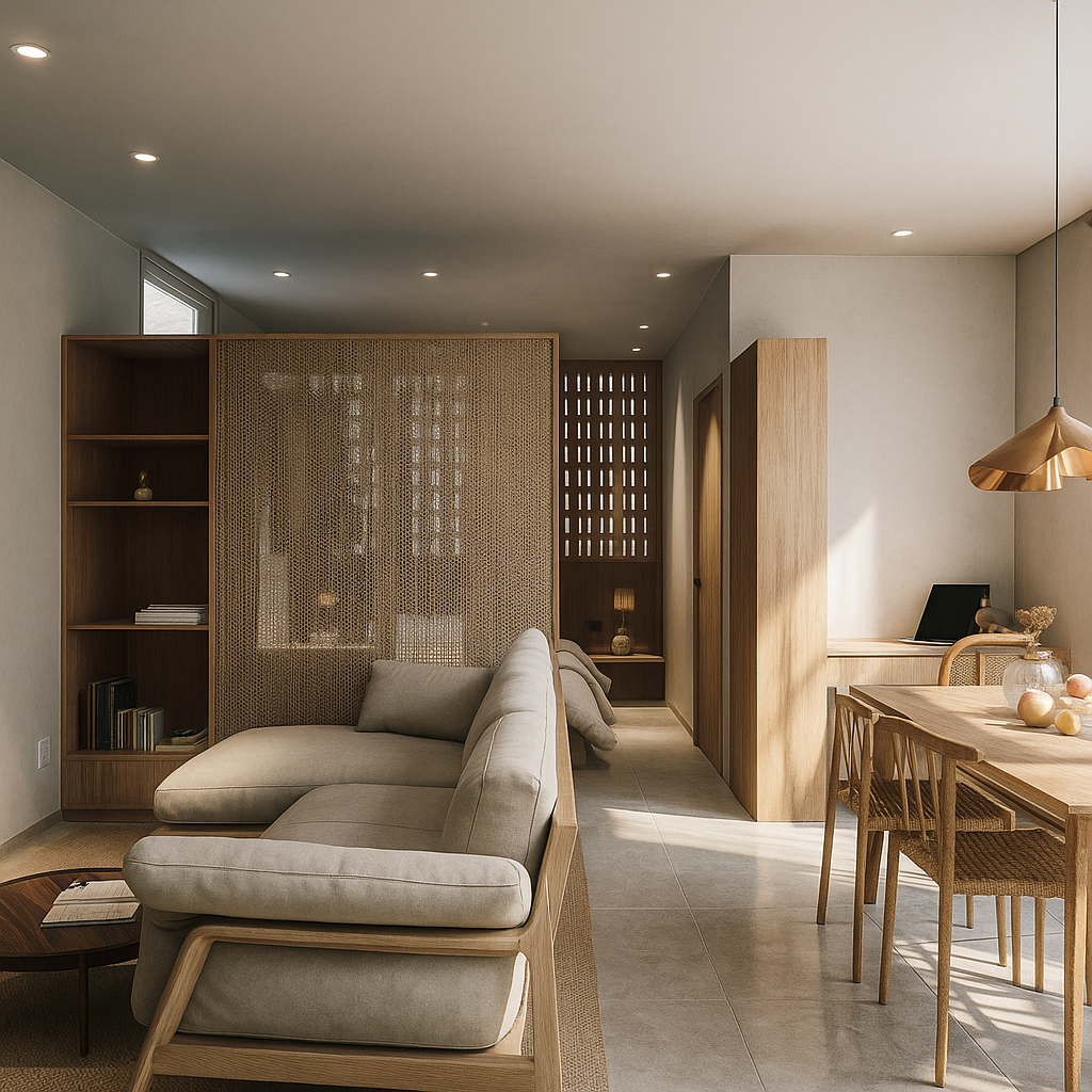 Modern living room and dining area with beige sofa, wooden furniture, and natural light.
