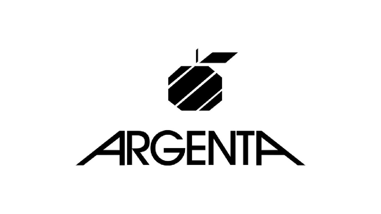 A black and white logo featuring an abstract design of an apple with a leaf and the word "ARGENTA" below it in stylized font.