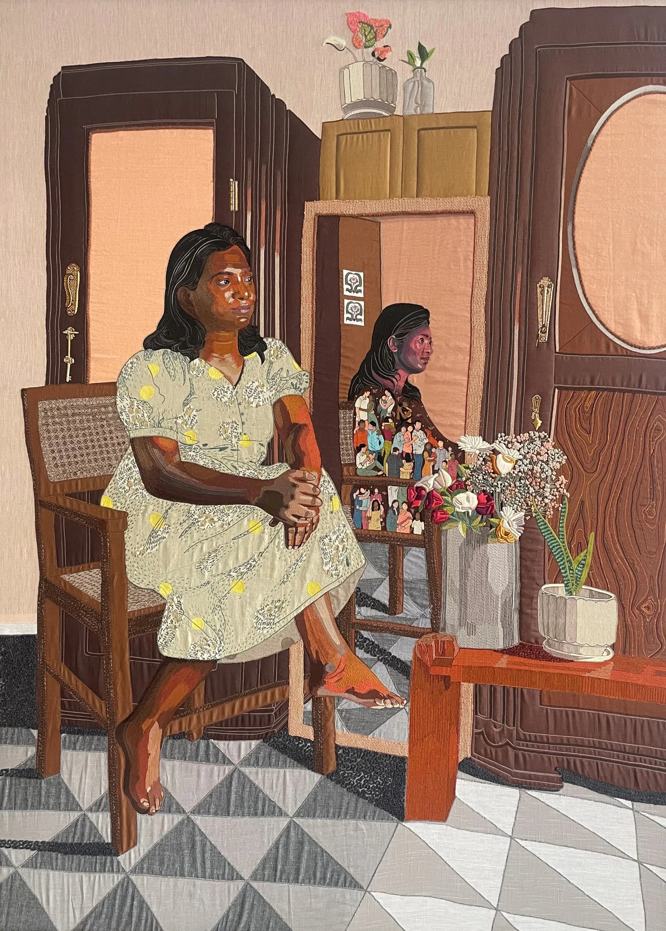 The Legacy of Melody Dorcas. 50" x 67". Yarn, thread, zari and fabric on a plywood base. 2024.