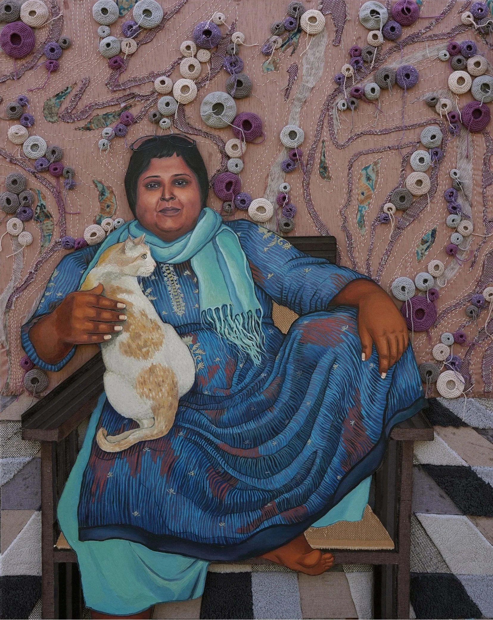 Raji: A Portrait of Strength. Yarn, thread, zari and fabric on a plywood base. 2024.