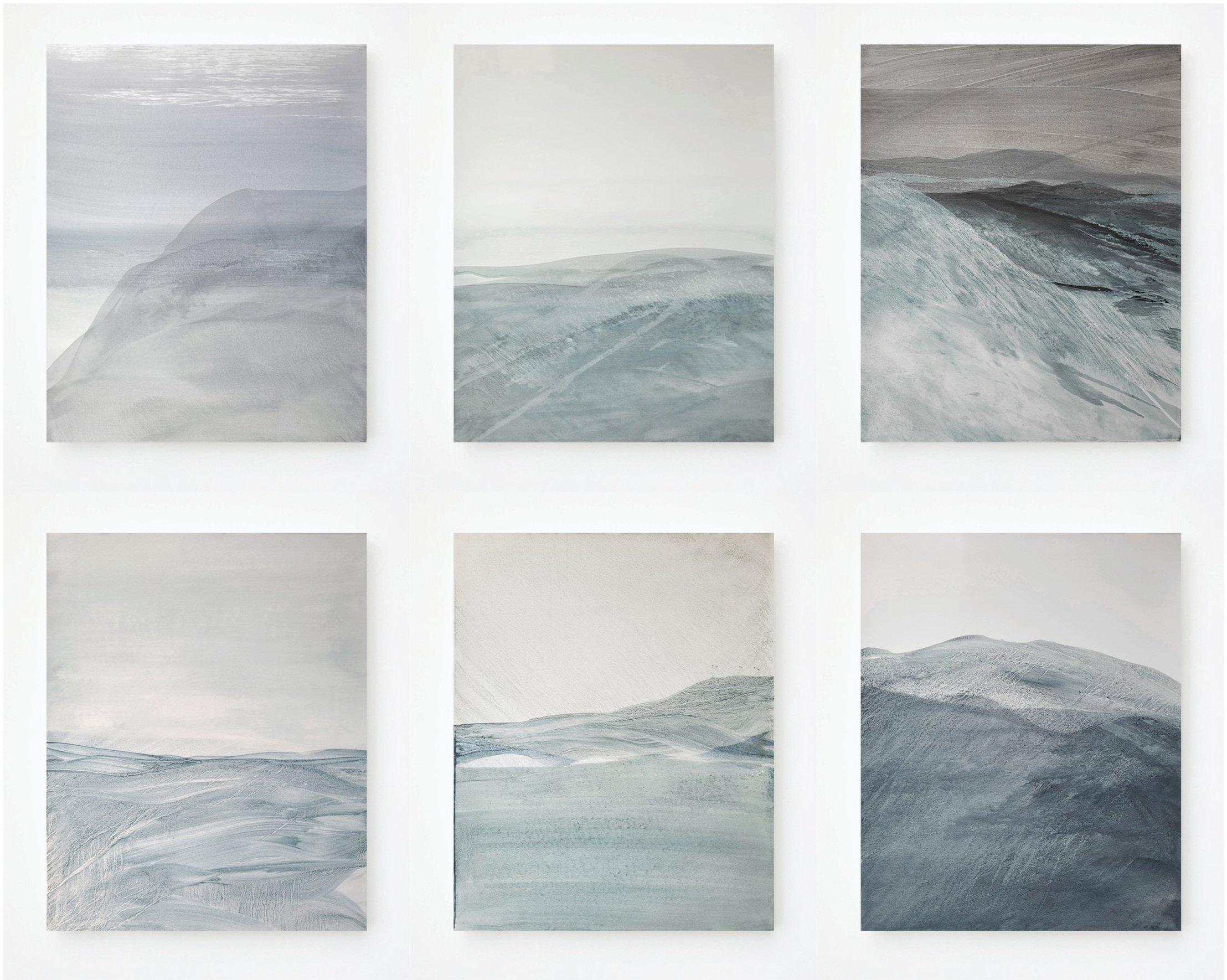 Ravi Joshi. Halcyon Terrain. Indigo, marble dust, calcite bauxite, acrylic and gesso on paper. 28" x 22" each. 2025. Collection: Goenka