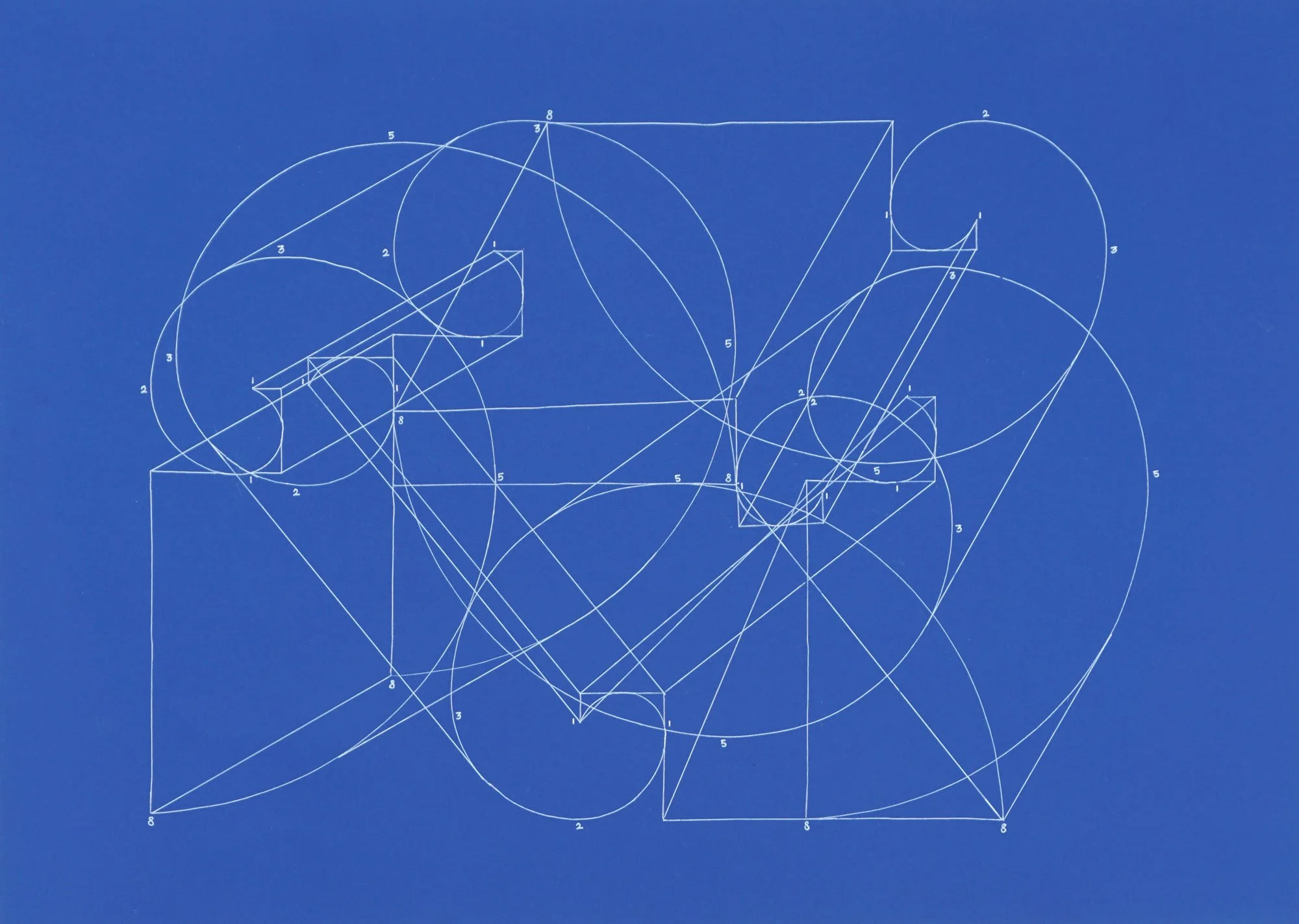 Blueprint of geometric shapes on a blue background with circles, squares, and lines, numbered from 1 to 8.